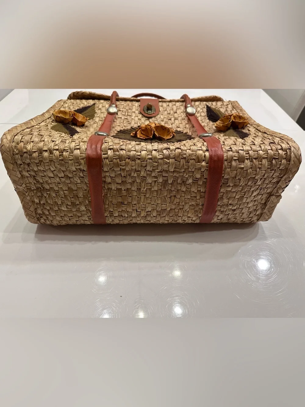 Vintage 70s Mexican Straw Woven Basket Purse Floral Raffia Boho Box Bag